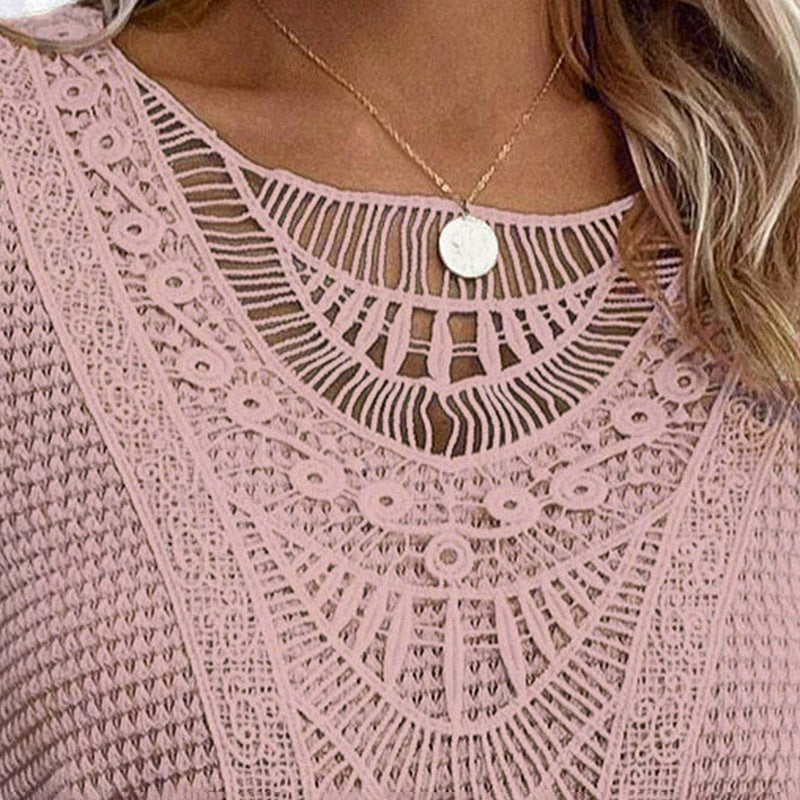 Women's Lace Splicing Short Sleeve Crew Neck T-Shirt Summer Loose Fit Casual Tee Top