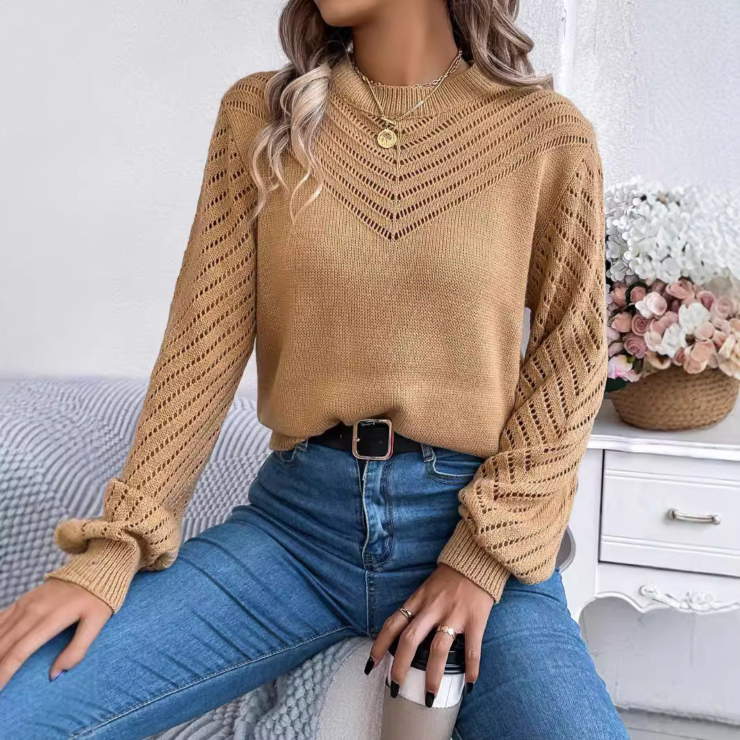 Casual Hollow Round Neck Pullover Sweater Fashion Solid Color Lantern Sleeve Top Womens Clothing