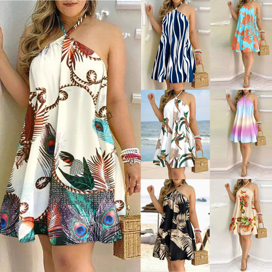 Women Summer Off-Shoulder Hanging Neck Sleeveless Printed Dress