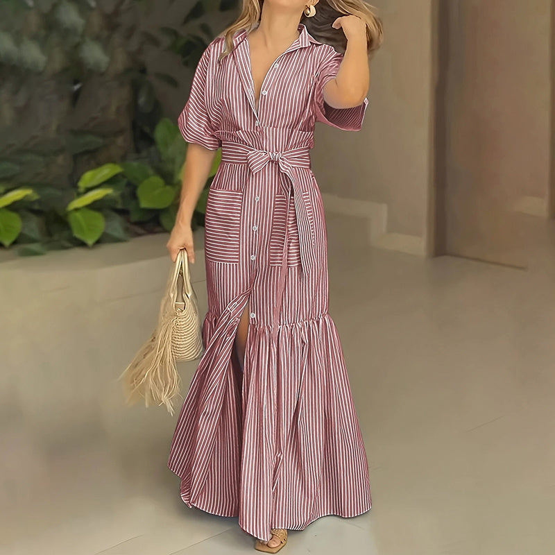Women's Summer Casual Striped Button Down Maxi Dress Tie Waist Short Sleeve Shirt Dress With Pockets