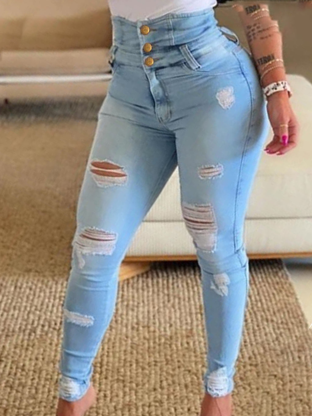 Light Blue Ripped Button-Fly Slim Jeans