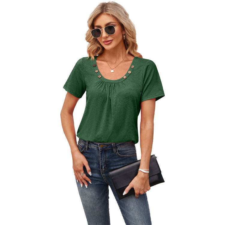 Solid Color Pleated T-Shirt with Cute Square Neckline