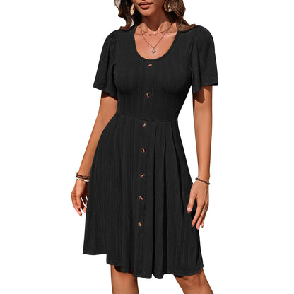 U-Neck Button Short-Sleeve Casual Summer Dress