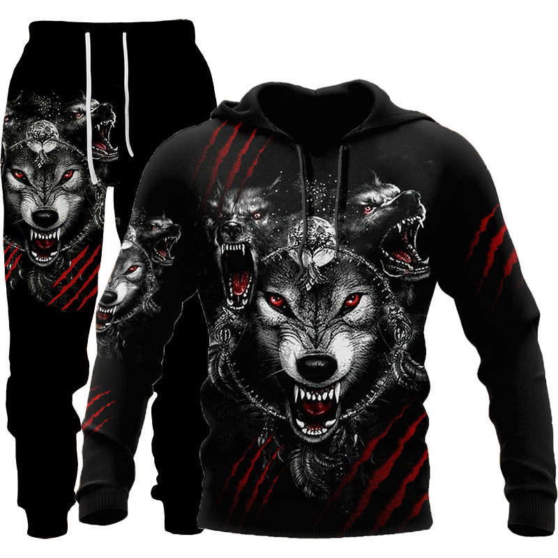 Wolf Print Hooded Tracksuit - Men's Outdoor Fitness Set