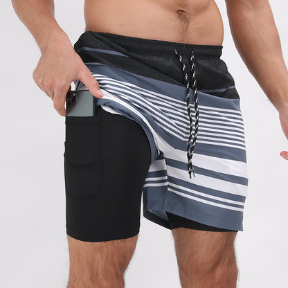 Pantalones cortos de playa con estampado degradado Pantalones cortos deportivos casuales de doble capa