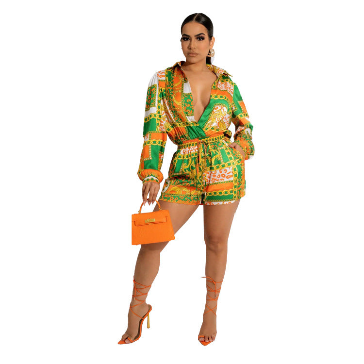 Women's Casual Long-sleeved Shirt Shorts Printed Two-piece Suit