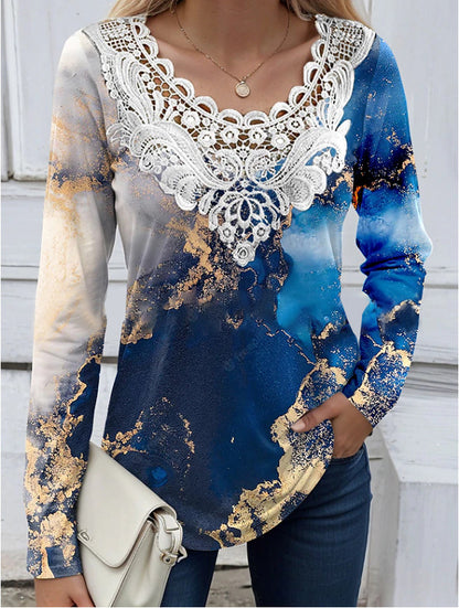 Women's Printed Long-sleeved T-shirt Patchwork Round Neck Top