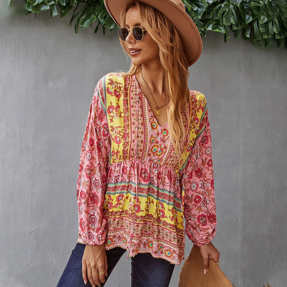 Casual Resort Top Long Sleeve Print Blouse