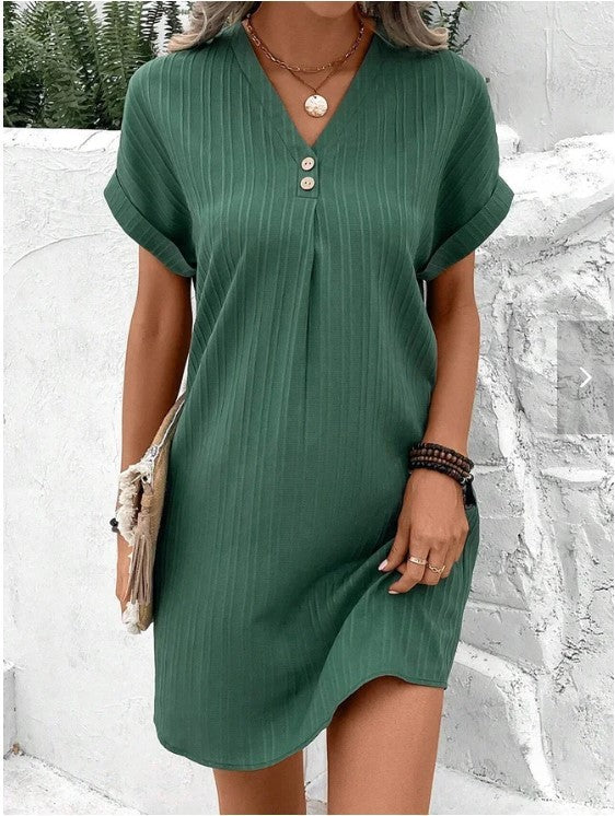 Women's V-neck Dress, Short-Sleeve, Casual, Solid Color, Button-Down