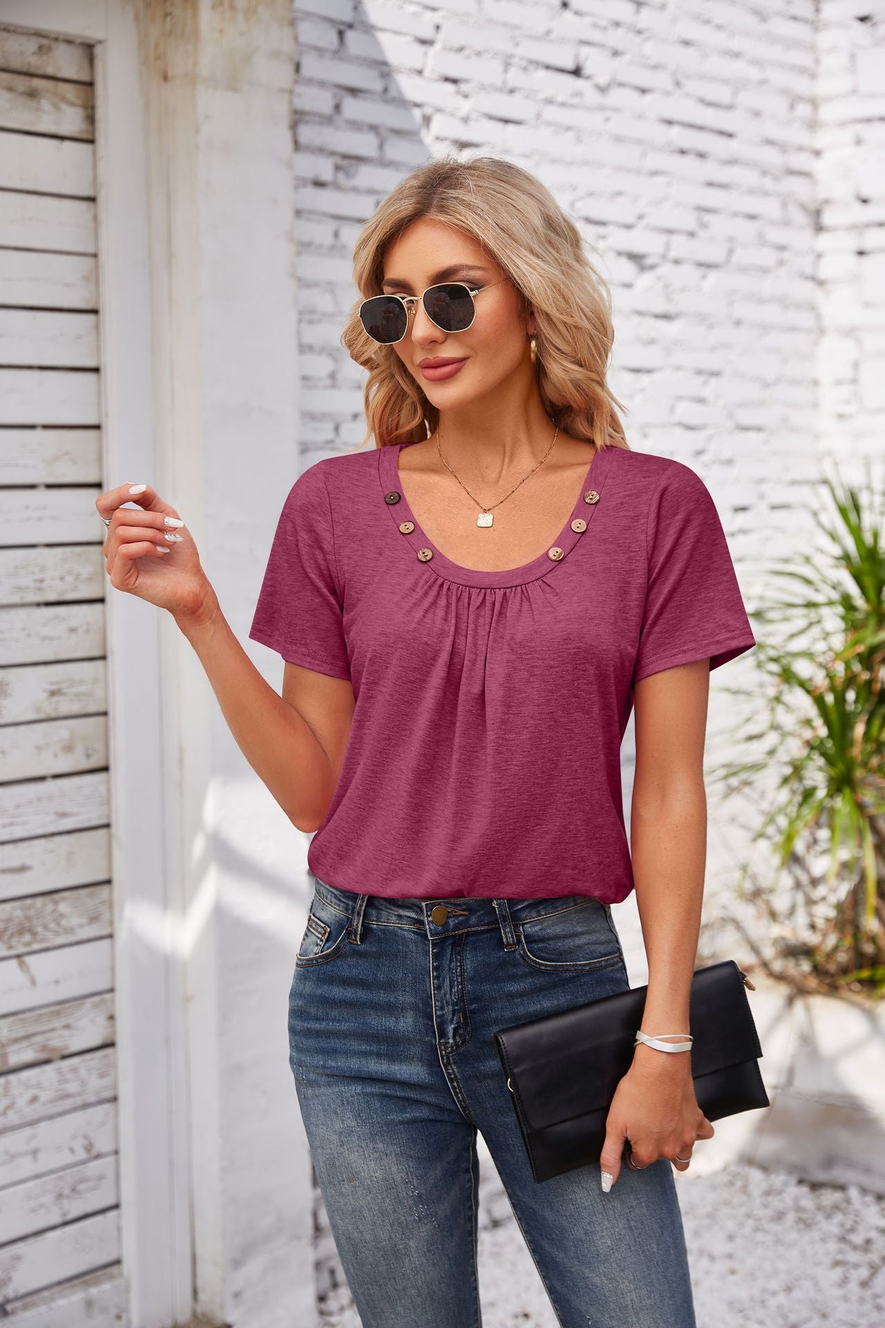 Solid Color Pleated T-Shirt with Cute Square Neckline