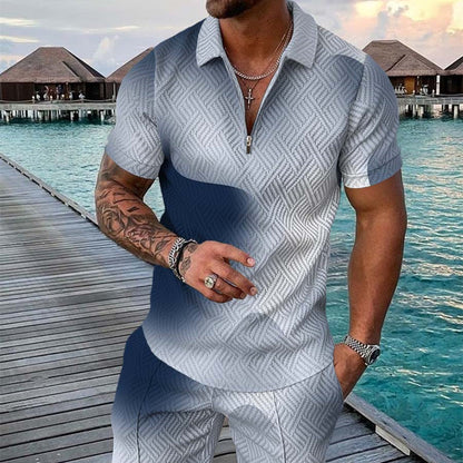 Men's Summer Fashion 3D Printed Short Sleeve Geometric Zip Lapel Shirt Set