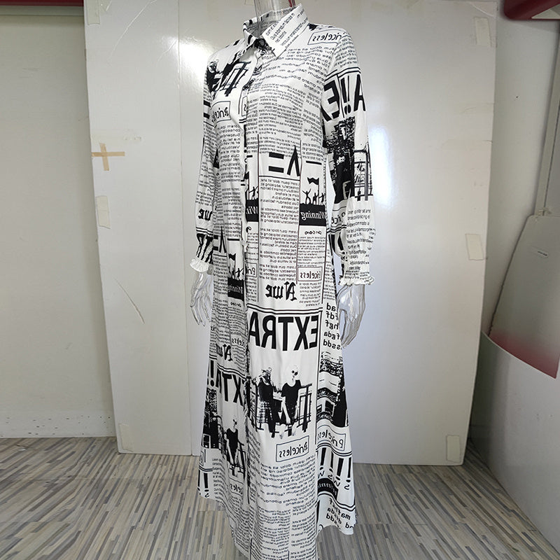 Women's Long Sleeve Newspaper Print Shirt Dress Button Down Casual Long Dress