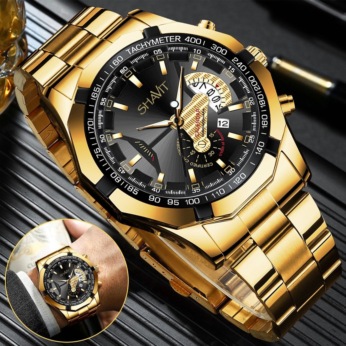 Reloj de pulsera de regalo de lujo de cuarzo de acero inoxidable clásico para hombre de oro para HOMBRE