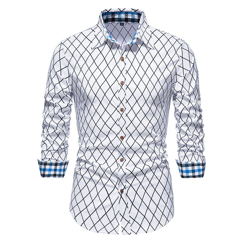 New Fashion Contrast Color Men's Long-sleeved Diamond Check Button Shirt