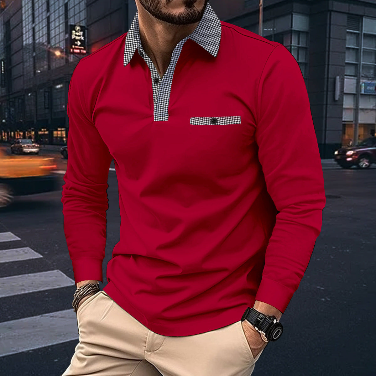 Leisure Plaid Lapel Polo Shirt Fashion Solid Color Long Sleeve Tops Men's Clothing