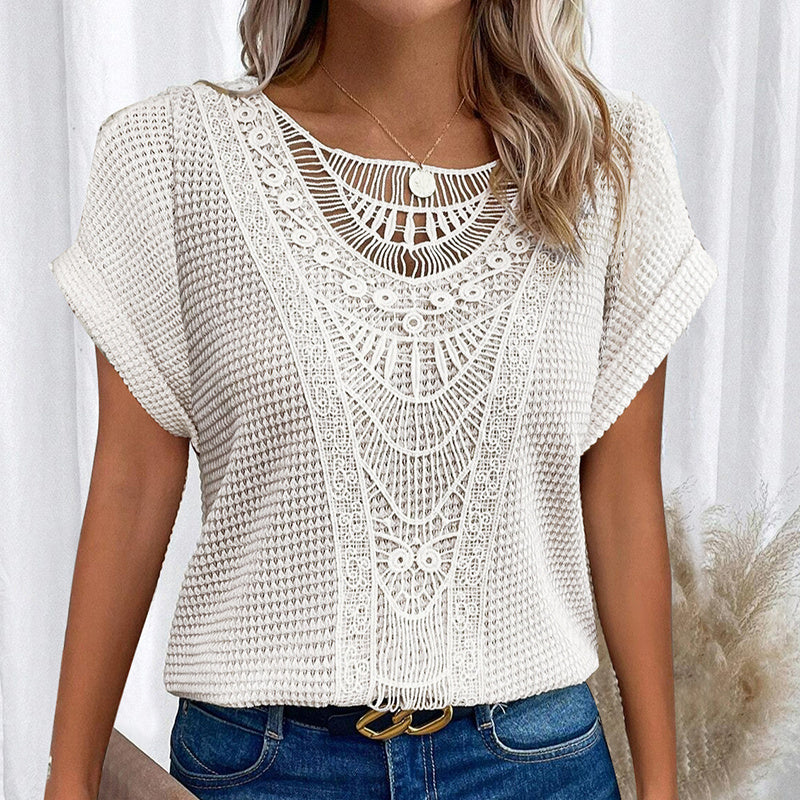 Women's Lace Splicing Short Sleeve Crew Neck T-Shirt Summer Loose Fit Casual Tee Top