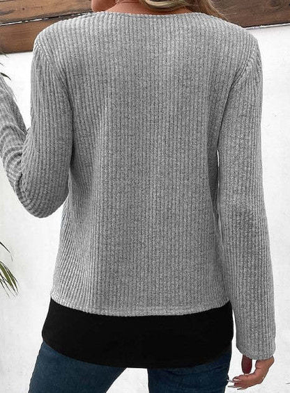 Sunken Stripe Fake Two Pieces Leather Ring Design Long Sleeve Knitted