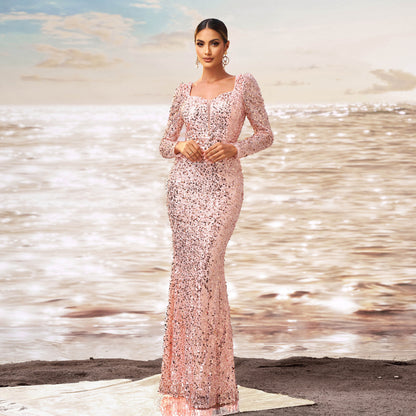 Long Sleeve Square-neck Sequined Sheath Fishtail Evening Dress