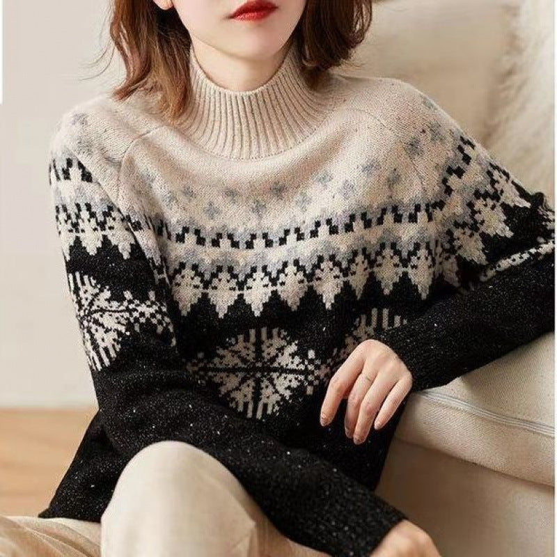 Half Turtleneck Knitted Snowflake Retro Loose Sweater