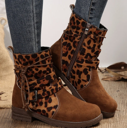 Fashionable Round Toe Buckle Boots with Square Heel