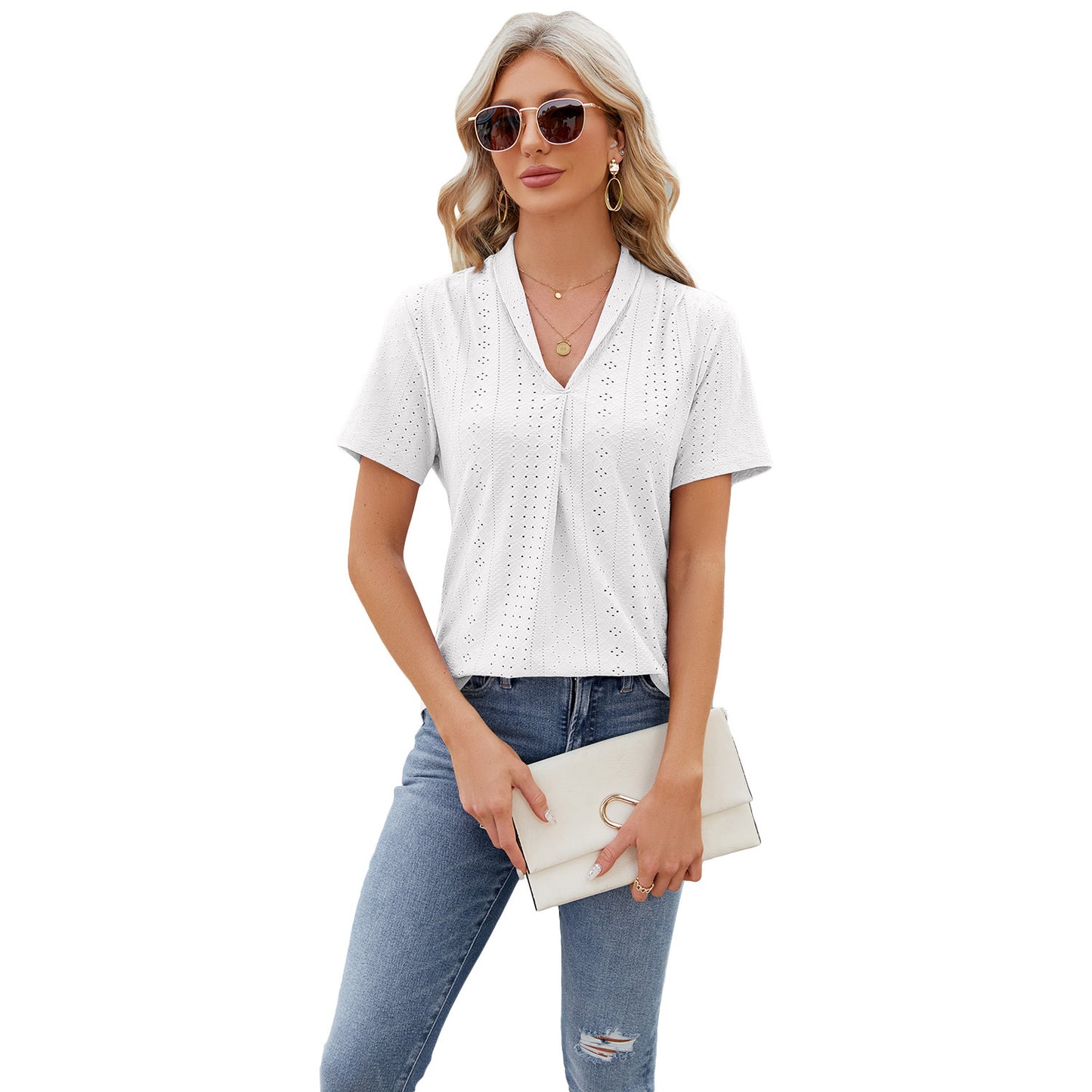 Women V-neck Hollow Design Summer Loose Short-sleeve T-shirt