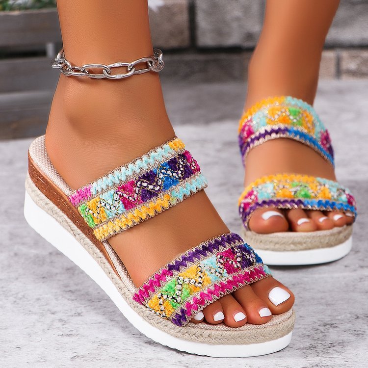 Ethnic Style Woven Wavy Sandals - Women's Summer Linen Wedges