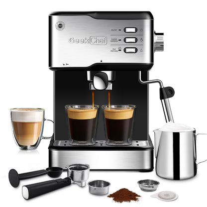 Geek Chef Machine à expresso, expresso et cappuccino Latte Machine à café 20 bars compatible avec filtre à capsules ESE POD et mousseur à lait Baguette vapeur, 950 W, réservoir d'eau 1,5 L, interdit sur Amazon 