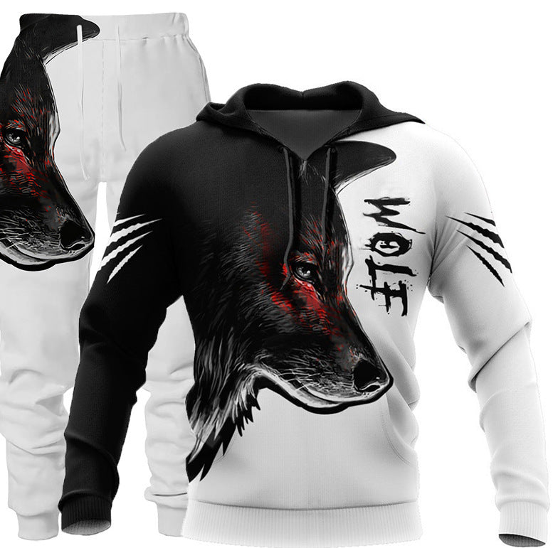 Wolf Print Hooded Tracksuit - Men's Outdoor Fitness Set