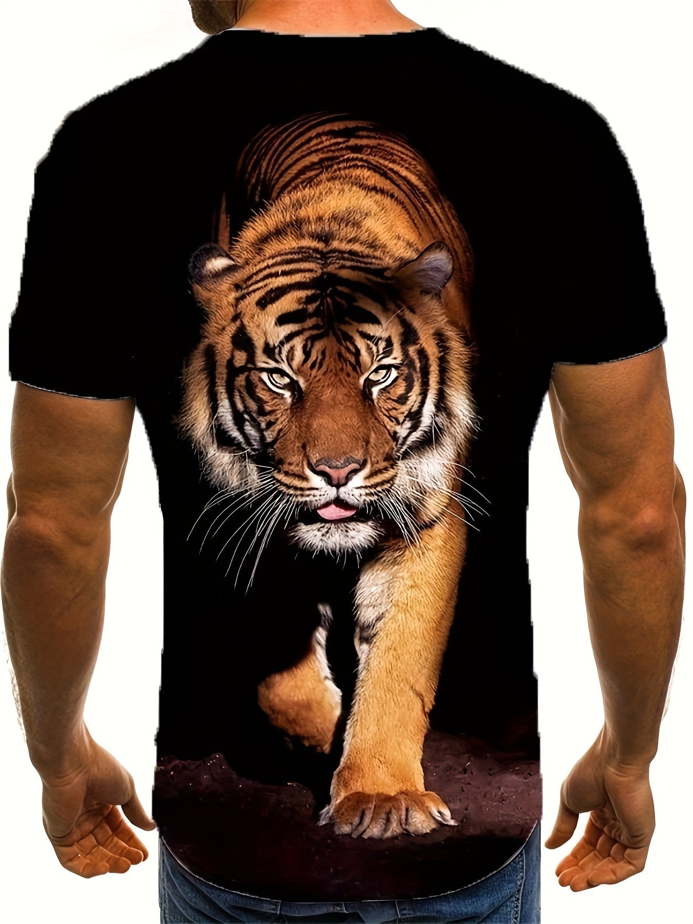 3D Tiger Printed Men's Fashionable Short Sleeved Round Neck T-shirt, Summer Outdoor