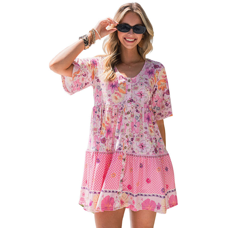 Floral Print Short Sleeve Dress Women's Clothing