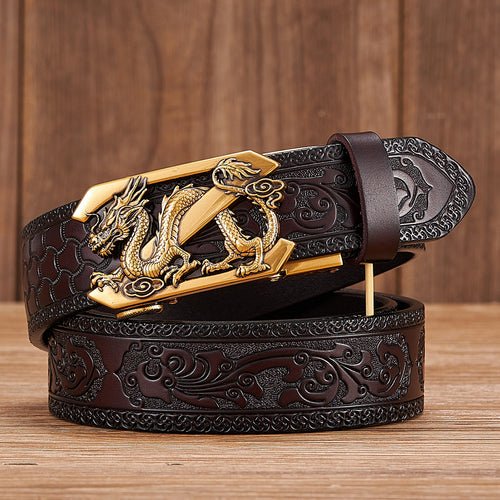 Cinturón en relieve de cuero de vaca de dos capas con hebilla automática Dragon para hombre