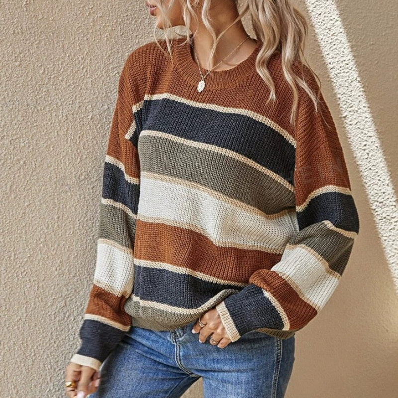 Women's 2025 Striped Color Block Sweater, Cute Crewneck Pullover Top, Fall Winter Fashion Knitwear