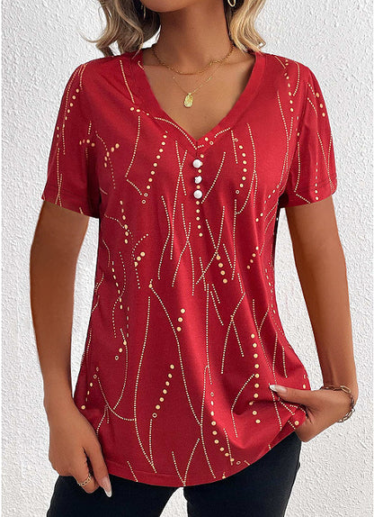 Women V-neck Printed Button Summer Fashion Leisure Short-sleeved T-shirt