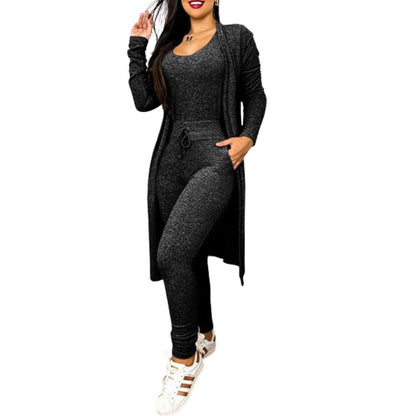 Women's Casual Suit High Waist Slip-on Casual Pants Drawstring Pocket Design Jumpsuit And Cardigan Cover