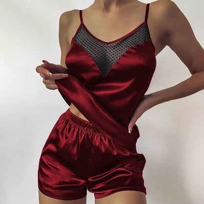 Deep V Top and Shorts Set Women's Silk Pajamas