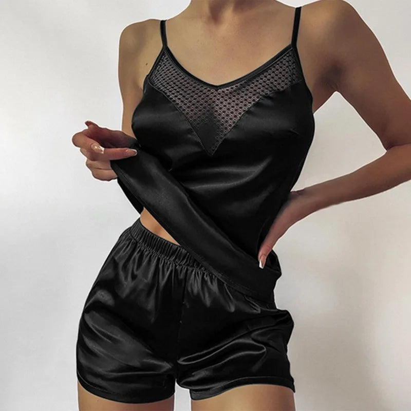 Deep V Top and Shorts Set Women's Silk Pajamas