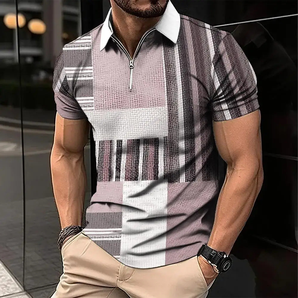 Men's Retro Fashion Plaid Pattern 3D Casual Zipper Lapel Short Sleeve