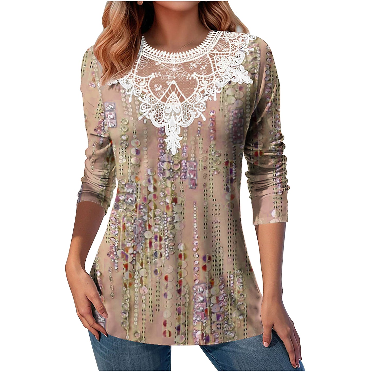 Lace Patchwork Round Neck Casual Printing Loose Long Sleeve Women Top