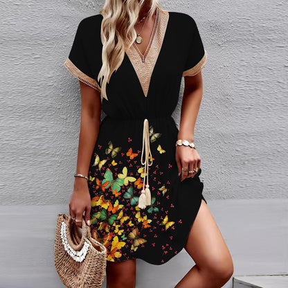 Printed Short Sleeve Lace V-neck Tight Waist Dress