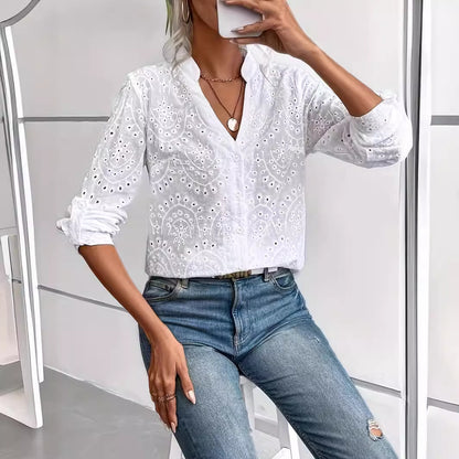 V-neck Leisure Embroidery Long Sleeve Shirt