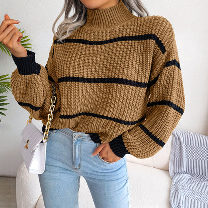 Casual Striped Lantern Sleeve Half Turtleneck Knitted Sweater