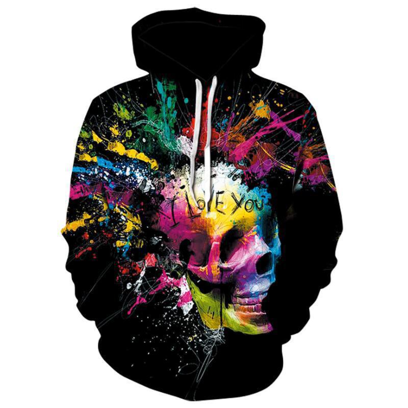 3D Color Skull Printed Hood Pocket Pullover Sweater