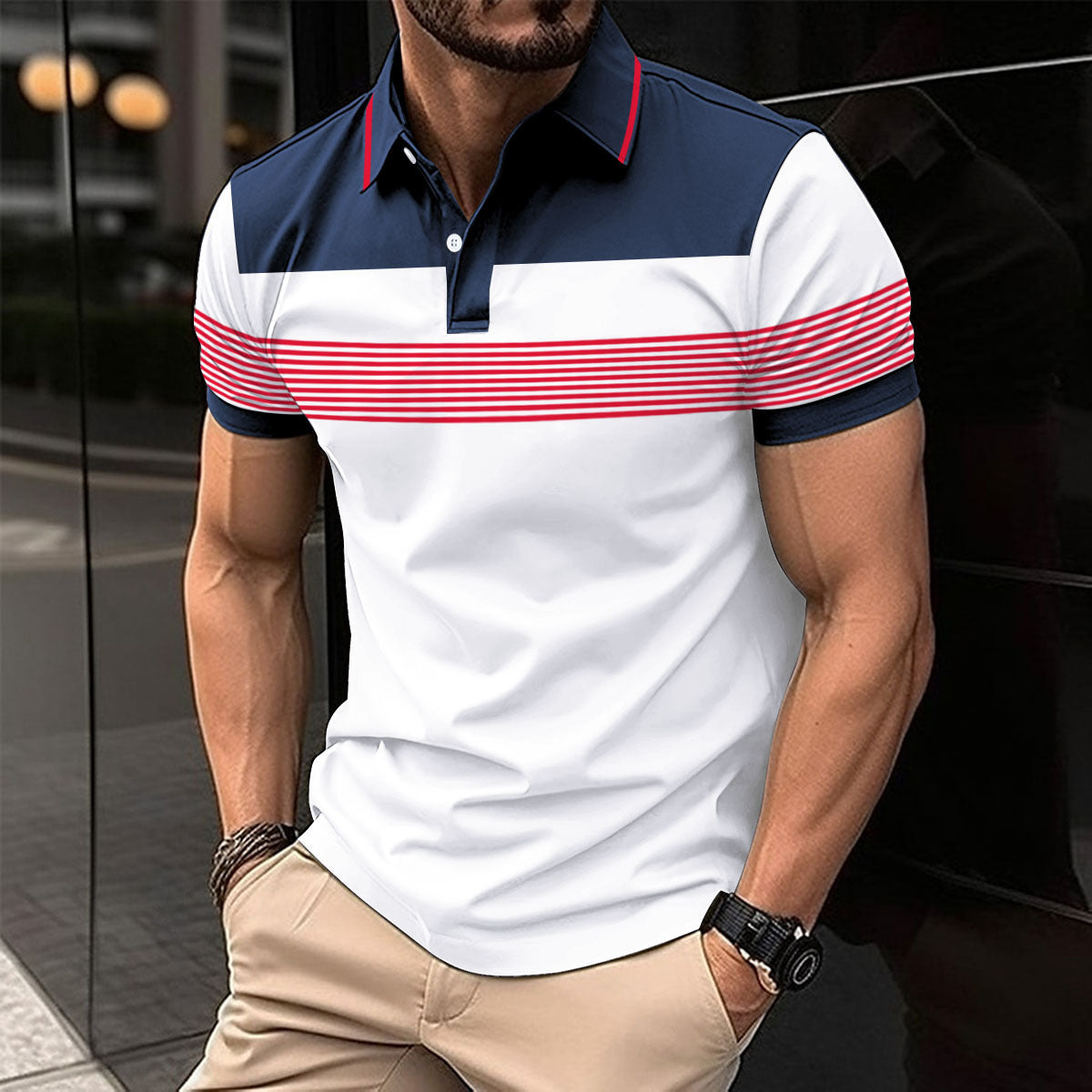 Men's Casual V-neck Button Business Striped All-matching Polot Shirt