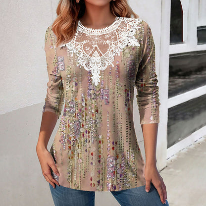 Lace Patchwork Round Neck Casual Printing Loose Long Sleeve Women Top