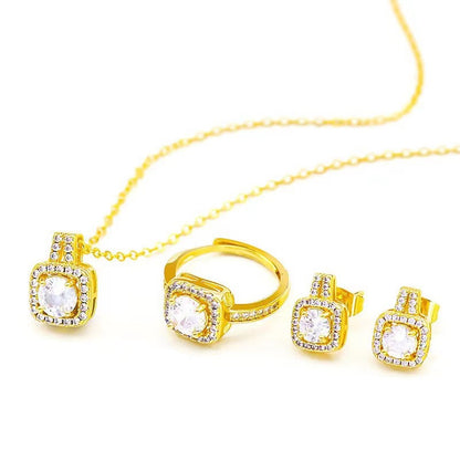 Glamorous Set: Zircon Gem Choker Necklace, Gold Stud Earrings, and Statement Wedding Ring for Women