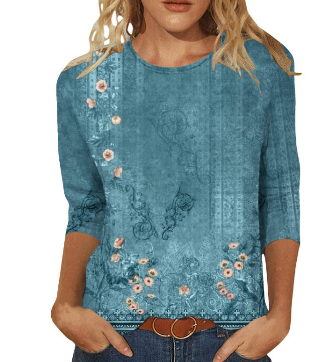 Women's Fashion Slim Fit Slimming Round Neck Printed Top