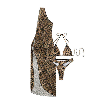 Women's Halter Lace-up Leopard Print Dress Three-piece Set