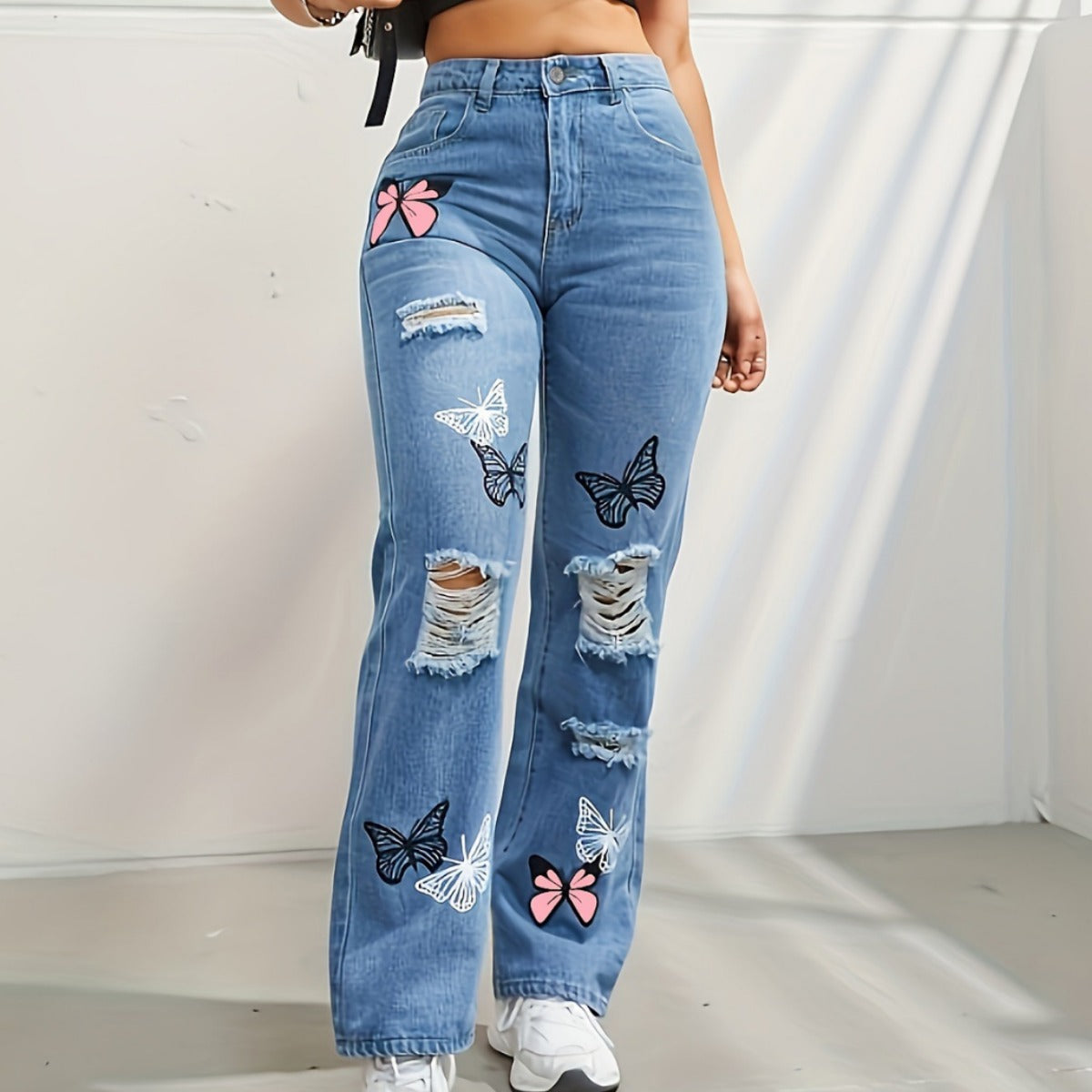 Women's Ripped Butterfly Print Jeans