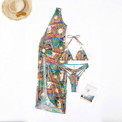 Printed One-shoulder Beach Dress Swimsuit Three-piece Set