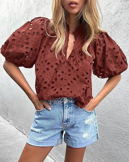 Women's Lantern Sleeve V-neck Buttons Hollow Lace Embroidered Shirt